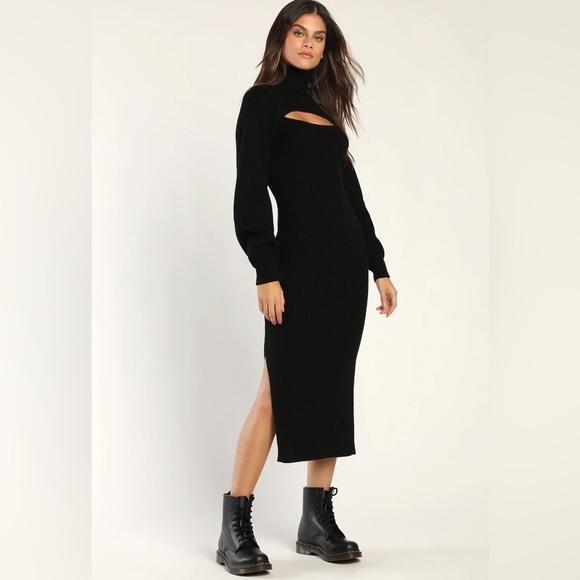 NWT LuLu’s Warm Companion Black Ribbed Knit Bodycon Midi Sweater Dress ~ Medium - Picture 4 of 7
